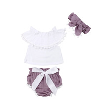 0-24M Cute Newborn Baby Girl Sleeveless Tassel Ball White T-shirt Tops Bow Shorts Bloomers Headband 3PCS Summer Clothes Set 2024 - buy cheap