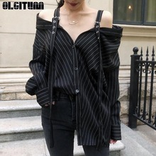 Olgitum nova moda 2020 personalidade listra preta fora do ombro alça vertical camisa de manga longa feminina blusa solta bs365 2024 - compre barato