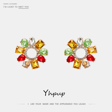 Yhpup Fashion Temperament Rhinestone Flower Stud Earrings Round Colorful Statement Brincos for Bride Wedding Party Jewelry Gift 2024 - buy cheap