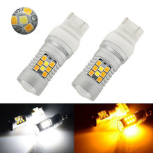 HYZHAUTO-bombillas LED de doble Color T20 W21/5W 7443, luces de coche con luz intermitente DRL, 28 SMD, Color blanco ámbar, 2 uds. 2024 - compra barato