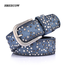 Split Leather+PU Rivet Inlay stars Belt For Women Female Fashion Pin Buckle Waist Women Belts Luxury Brands Leather Belt Female 2024 - buy cheap