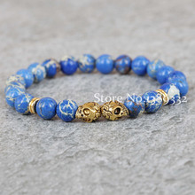 Pulsera de cuentas de piedra de sedimento marino para hombre, brazalete de Yoga de calavera rosa de color dorado antiguo, regalo de Navidad, venta al por menor, 8MM, nueva 2024 - compra barato