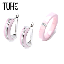 Lovely Elegant Jewelry Set Pink Ceramic U Shaped Earrings And 4mm Wide Cut Surface Ceramic Ring For Women Healthy Jewelry Gifts 2024 - buy cheap