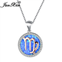 JUNXIN White Gold Filled Virgo Pendant Necklaces For Women Round White Blue Fire Opal Necklace Female CZ Valentine Day Jewelry 2024 - buy cheap