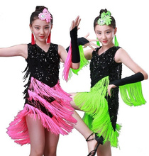 Vestido infantil profissional para dança latina, vestido para meninas, vestidos de dança de salão para crianças, com lantejoulas vermelhas, borla de salsa 2024 - compre barato