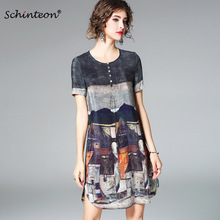 Schinteon-100% de seda Real para mujer, vestidos holgados Vintage de manga corta con estampado de línea A, de alta calidad, de verano 2024 - compra barato