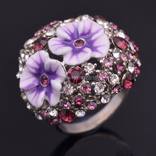 Anel roxo esmaltado com flor, anel em ouro branco verdadeiro, joia com cristais rosa genuíno, novo, 2018 2024 - compre barato