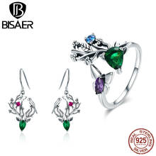 BISAER Genuine 925 Sterling Silver Green CZ Bird Elk Animal Drop Earrings and Ring Jewelry Sets for Women Fashion Jewelry Gift 2024 - buy cheap