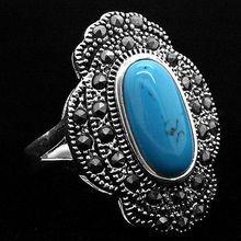 24*16mm Vintage Style Blue Natural Turquoise 925 Sterling Silver Marcasite Ring Size 7/8/9/10 2024 - buy cheap