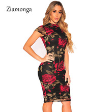 Ziamonga Sexy Club Dress 2019 Elegant Floral Flower Print Midi Dress Women Short Sleeve Bodycon Tank Dress Sexy Night Club Wear 2024 - buy cheap