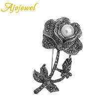 Ajojewel Rhinestone Black Flower Brooch Vintage Jewelry Elegant Simulated Pearl Pin Brooch Women Coat Accessories Shawl Buckle 2024 - buy cheap