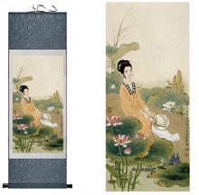 Traditional silk art  painting pretty woman beside water lily  Chinese Art Painting Home Office Decoration Chinese painting 2024 - buy cheap
