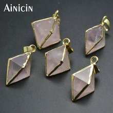 5 piezas de piedra semipreciosa Natural, Cuarzo Rosa con forma de octahedro, colgantes envolventes de Color dorado 2024 - compra barato