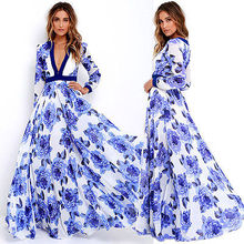 New  Women  Ladies Sexy Summer V-neck Bohemian Floral Maxi Long Evening Party Dress Beach Dress Blue M 6-8 2024 - buy cheap