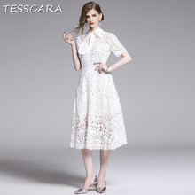 Tesscara-vestido feminino luxo, de verão, com rendas brancas, alta qualidade, longo, para festa, robe, laço, designer, escritório 2024 - compre barato