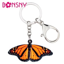 Bonsny-Llavero acrílico naranja monarca mariposa, anillo, joyería de insectos de moda para mujeres y niñas, bolso, monedero, regalo 2024 - compra barato