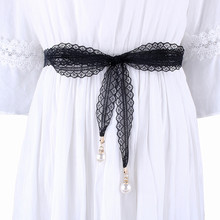 laides Fashion hollow girdle pearl lace belts for women long waist knot rope female dresses decorated narrow ribbon black 2024 - buy cheap