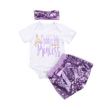 Conjunto de roupas para bebês meninas, macacão roxo para bebês recém-nascidos de princesa com lantejoula e shorts com fundo, 3 peças, verão, roupas para meninas 2024 - compre barato