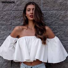 Off Shoulder Top Casual Black White Ruffle Crop Tops Summer Women Blouse Slash Neck Sexy Lady Flare Sleeve Shirt Party Blusas 2024 - buy cheap