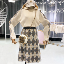 Amolapha Women Plaid Knitted Hooded Sweaters+Skirts 2 Pieces Casual Clothing Sets Suit 2024 - buy cheap