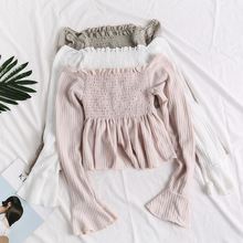 Spring Autumn Women Slash Neck Flare Sleeve Pleated Ruffles Shirt Sweet Lady Short Elastic Slim Cotton Knitted Chic Blouses Tops 2024 - buy cheap