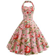 Pink Floral Halter Audrey Hepburn woman retro 1950s vintage dress 2024 - compre barato