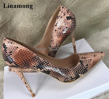 Brand Design Women Fashion Pointed Toe Snake Leather Thin Heel Pumps 12cm Slip-on Patchwork Colors High Heels Dress Shoes 2024 - buy cheap