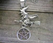 Witch Flying Broom Pentagram Necklace Pendant Vintage Silver Charm Collar Statement Choker Necklace Pendants Womens Jewelry B337 2024 - buy cheap