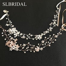 SLBRIDAL-accesorios para el cabello de boda enredadera para el cabello, accesorios para el cabello de perlas de diamantes de imitación de cristal rosa dorado, diadema nupcial, joyería para damas de honor 2024 - compra barato