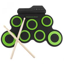 Портативный электронный цифровой USB 7 накладок, закручивающийся барабан в комплекте, силиконовая зеленая искусственная кожа с барабанными палочками и педалью поддержки 2024 - купить недорого