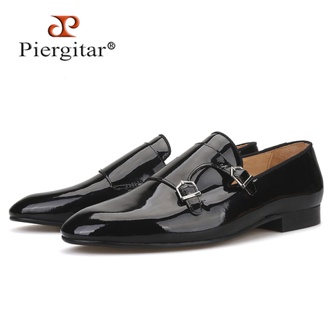Piergitar 2019 New Black colors Patent leather men dress shoes with metal buckle Fashion Party and wedding men loafers plus size 2022 - buy cheap