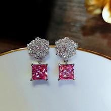 Cute Princess Square Stud Earrings For Women 925 Silver Needle Pink Crystal Earrings Small Stone Flower Studded Earrings Wedding 2024 - buy cheap