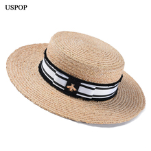 Chapéu de sol feminino uspop, chapéu de palha com aba larga de ráfia, com laço exclusivo para praia, decoração de metal para o verão 2024 - compre barato