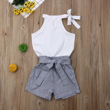 Pudcoco 2019, novedad, moda para niños pequeños, niñas, Tops blancos sin mangas sólidos, pantalones cortos a rayas, conjuntos de 2 uds, ropa 2-7Y 2024 - compra barato