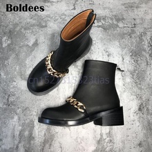 Botas con cadenas para mujer, botines con punta redonda de Metal dorado y plateado, de cuero negro, con cremallera trasera 2024 - compra barato