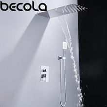 BECOLA Modern Design Stainless steel Double Handle Waterfall and Rain Shower Faucet Set Wall Mounted Bathroom Mixer Tap Finish 2024 - buy cheap
