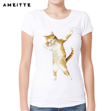 2019 AMEITTE Funny Dabbing Cat T-Shirt Women's/Ladies Cool Dance Kitten Printed T Shirt Summer Hipster Female Tee Tops 2024 - buy cheap