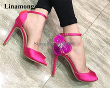 Hot Selling Women Fashion Peep Toe Pink Black Rhinestone Flower Thin Heel Pumps Ankle Straps Satin High Heels Wedding Shoes 2024 - buy cheap