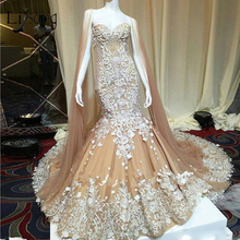 Dubai Champagne Lace Mermaid Wedding Dresses With Cloak Luxury Illusion Back Beaded Bridal Gowns Abiye Vestido De Noiva 2024 - buy cheap