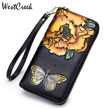 WESTCREEK Brand Leather Women Embossing Wrist Zipper RFID Long Wallets Lady Butterfly Phone Clutch Flower Coin Pocket Purses 2024 - купить недорого