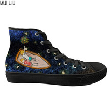 Customized Fashion 3D Hand Paint Art Design Starry Night Design Spring Women Shoes High Top Flats Canvas Sneakers Woman Lace Up 2024 - buy cheap