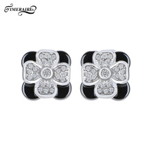 Elegant Square Flower Women Stud Earrings Black White Ceramic AAA Cubic Zirconia Biling Rhinestone Fashion Jewelry Top Quality 2024 - buy cheap