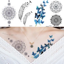 Tatuaje temporal a la moda para mujer, tatuajes falsos de pluma azul y mariposa, maquillaje, tatuajes negros, Henna, Flora 2024 - compra barato