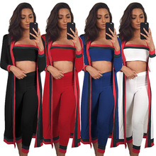 Striped Print 3 Piece Set Jumpsuit Full Sleeve Coat Strapless Crop Top Inside Long Pant Skinny Playsuit Women Outwear Overalls 2024 - buy cheap