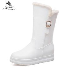 Sgesvier Black Pink White Plush Buckle Womens Mid Calf Boots Slip on Cute Winter Ladies Shoes Plus Size 34-43 Snow Boots B638 2024 - buy cheap
