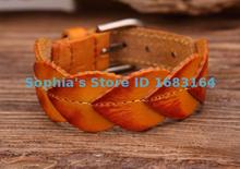 G83 Yellow Delicate Leaf Texture Top Grain Cow Leather Wristband Bracelet Cuff Mens 2024 - buy cheap