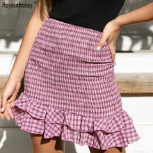 Heyouthoney pink black fashion plaid mermaid wrap skirt women 2018 summer high waist short mini ruffle skirts saia faldas mujer 2024 - buy cheap