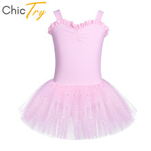 Chictrite infantil sem mangas, balé com babado, tutu, roupa de dança, meninas, ginástica, malha de balé, traje infantil para palco 2024 - compre barato