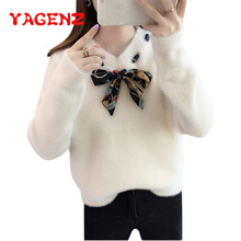 YAGENZ Long sleeve Mohair Women Knit Sweater Knotted Decoration V-Neck Casual Women Sweater Autumn Campus Pullovers Sweaters 155 2024 - buy cheap