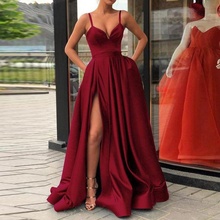2020 Backless Satin Split Evening Dresses Long Party Gown Spaghetti Straps Vestido De Festa Sweetheart Burgundy Prom Dresses 2024 - buy cheap